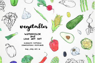 watercolor vegetable clipart, healthy food seamless patterns