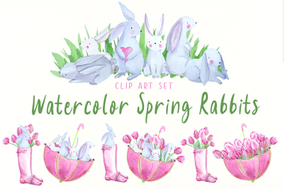 Spring Rabbits - Watercolor Clip Art Set
