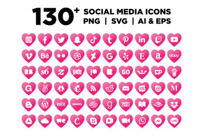 Pink Heart Social Media Icons Set