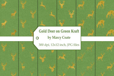 Gold Deer on Green Kraft Digital Papers