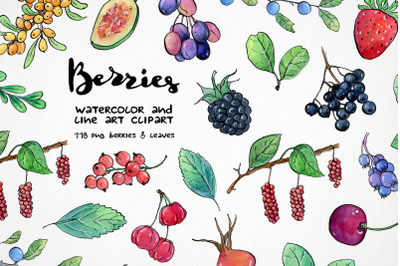 watercolor berry clipart, strawberry, blueberry, cherry, raspberry png