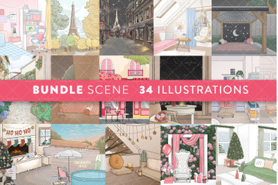 Scene Illustration Clipart Bundle, Fashion, Background,