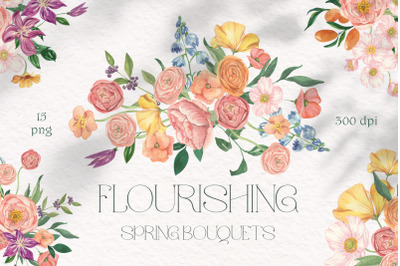 Flourishing Spring Bouquets. Watercolor garden flowers - 15 PNG