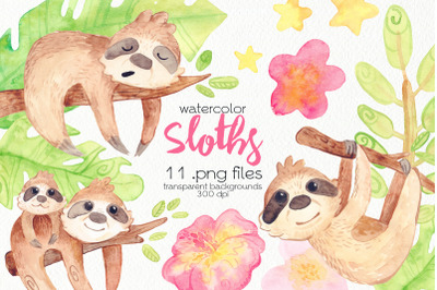 Watercolor Sloths Clipart
