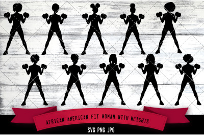 African American Fit Woman with Weights Silhouette Vector
