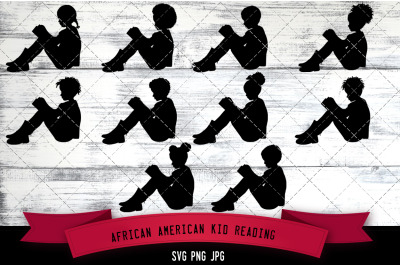 African American Kid Reading Silhouette Vector