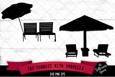 Two Sunbeds with Umbrella Silhouette Vector