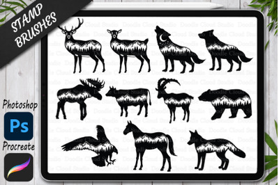 Animals Mountains Stamp Brushes for Procreate and Photoshop.