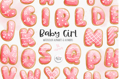 Baby girl cookies alphabets and numbers, baby girl font, pink alphabet