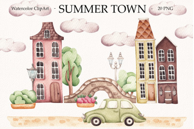Watercolor ClipArt Summer Town
