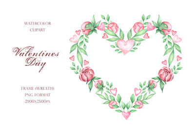 Valentine&#039;s day watercolor frame, wreath. Heart clipart. Love, wedding