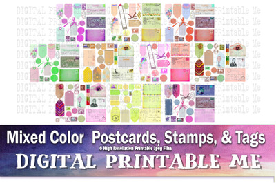 Postcards Stamps Tags, Junk Journal Supplies, Mixed vintage multicolor