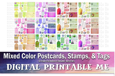 Printable Postcards Stamps Tags, Junk Journal Kit, Mixed vintage suppl