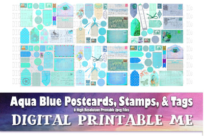 Postcards Stamps Tags, Aqua Blue Junk Journal Kit, vintage labels post