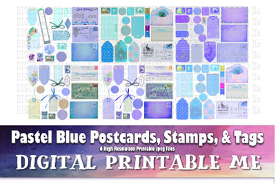 Postcards Stamps Tags, Pastel Blue Junk Journal Kit, vintage supplies