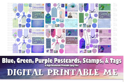Postcards Stamps Tags, Junk Journal Supplies, Vintage Blue Green Purpl
