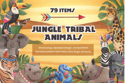 Jungle Tribal Animals at safari Watercolor Illustration