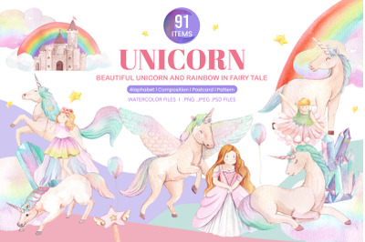 Beautiful Unicorn and Rainbow in Fairy tale Watercolor