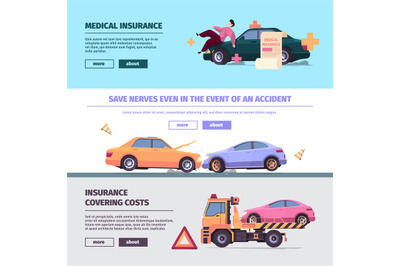 Insurance cars banners. Accident on road with damaged vehicles traffic