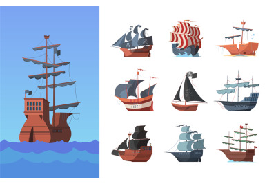 Pirate boats. Old shipping sails traditional vessel pirate symbols gar