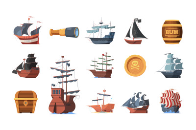 Pirate symbols. Old ships of looters and invaders parrot spyglass hook