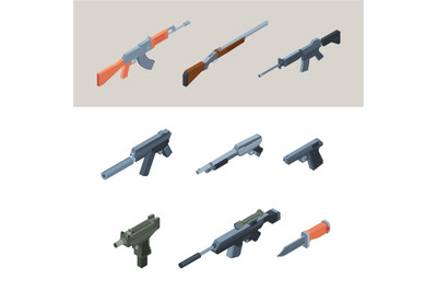 Soldiers guns. Isometric weapons automatic arms for modern warriors ga