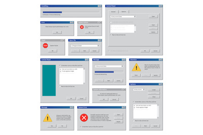 Vintage computer windows. Desktop interface retro user frames pop up b