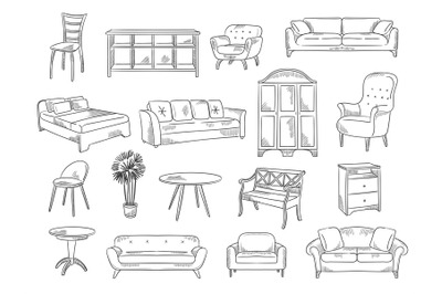 Sketches furniture. Modern interior objects chairs beds technical draw