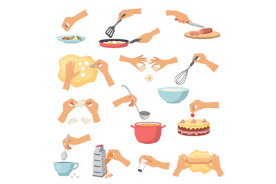 Hands preparing food. Kitchen cooking utensils preparing products proc