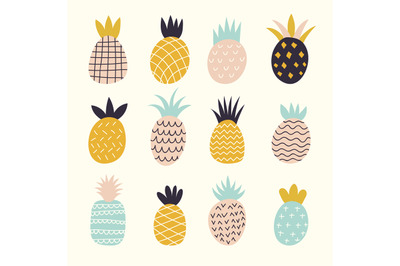 Doodle pineapples. Colored decorative abstract illustration of exotic