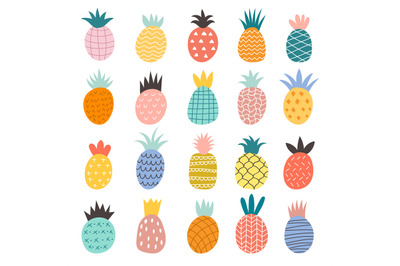 Hand drawn pineapples. Exotic fruits cute illustrations recent vector