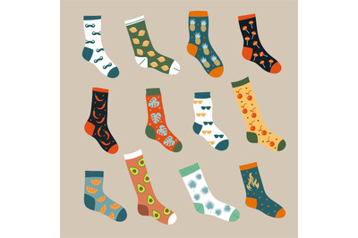 Socks collection. Trendy foot wears ornamental textile woolen knitted