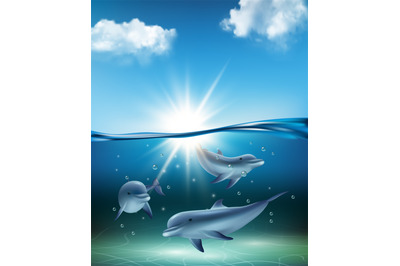 Underwater dolphin. Ocean kind swimming big fishes dolphins playing se