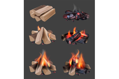 Campfire flame. Outdoor camping realistic collection with bonfire brig