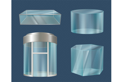 Glass elevator. Modern transparent 3d boxes stylish forms cube cylinde