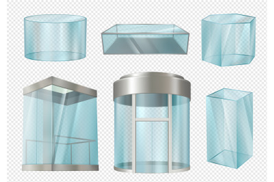 Glass cylinders. Transparent showcases stands in various forms cylinde