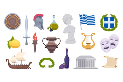 Greece objects. Traditional ancient old greek landmarks and symbols au