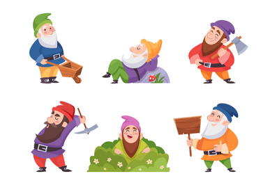 Garden gnome. Street decoration fairytale dwarf in various poses exact