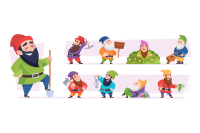 Magical dwarf. Fairytale garden gnomes game characters exact vector fa