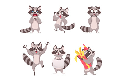 Raccoon characters. Cartoon funny wild animal in forest happy mammal e