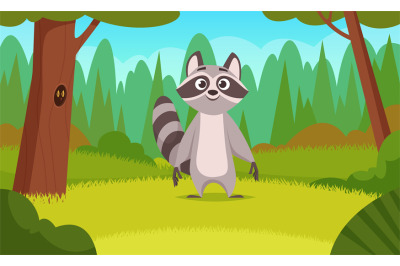 Raccoon in forest. Cartoon animals walking in wood happy cute wild rac