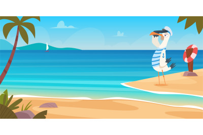 Seagull on beach. Bird sailor on seaside standing flying near sand coa