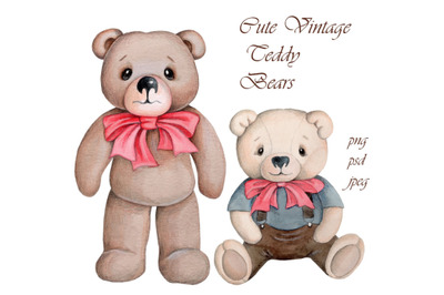 Cute Vintage Teddy Bears. Watercolor illustrations.