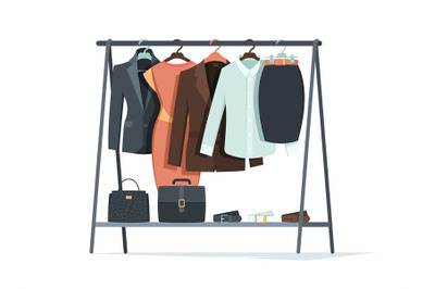 Clothes on hangers. Business textile things for male and female person