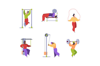 Sport people. Stylized flat characters making exercises healthy lifest