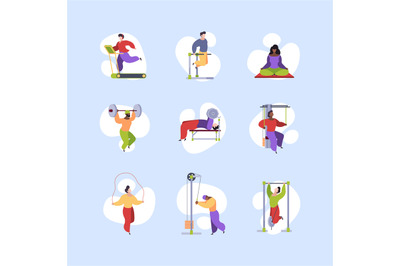 Sport characters. Healthy lifestyle people making daily exercises acti