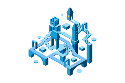 Isometric maze building. 3d architectural object big building with man