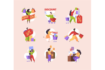 Shopping bags characters. People in market women and men street retail