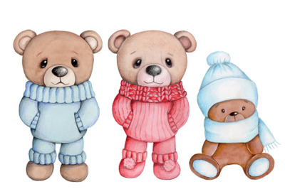 Cold Weather Teddy Bears. Three cute illustrations.