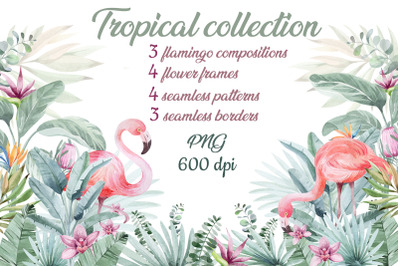 Tropical collection. Watercolor floral set.